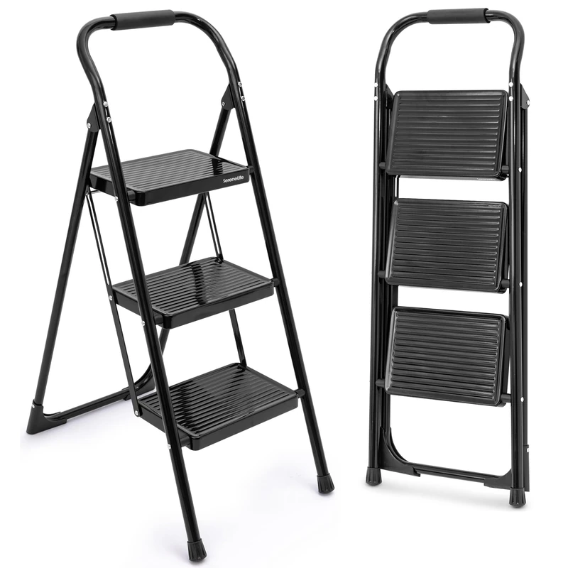 SereneLife 3-Step Ladder, Folding Step Stool for Adults, Wide Anti-Slip Pedal and Handrail, Sturdy Steel Build, 570 lbs Capacity, Portable Step Stool Ladder for Home and Office Use (Black)