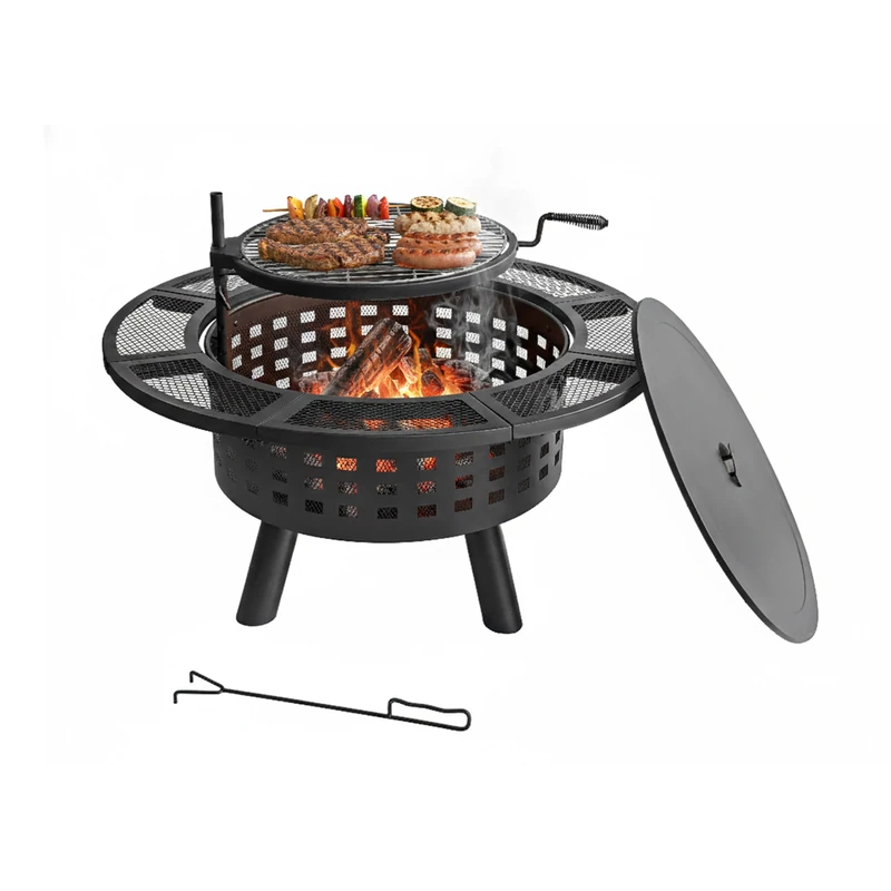 Relaxdays Fire Bowl, Ø 91.5 cm, adjustable grill grate, lid & poker, garden fire pit, black - Image 1