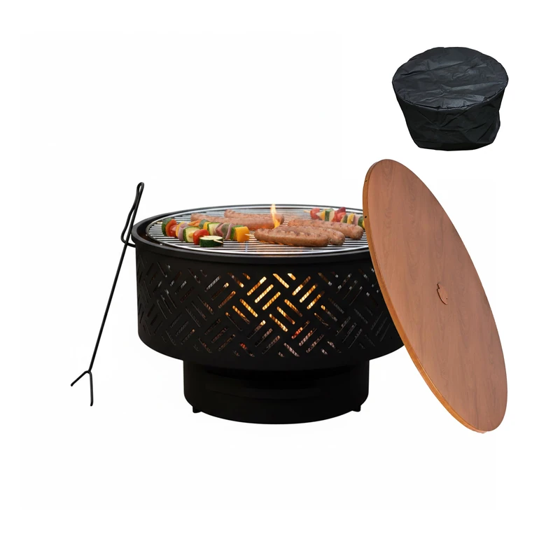 Relaxdays Fire Bowl, Ø 66 cm, with Grill Grate, Lid, Fire Poker & Waterproof Cover, Black/Natural