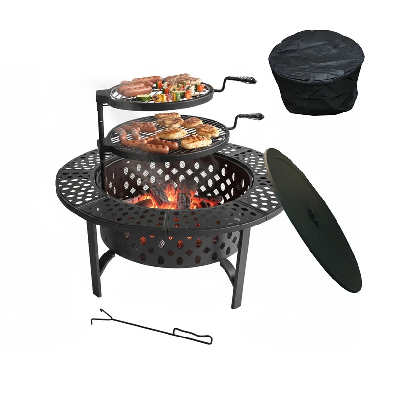 Relaxdays Fire Bowl, Ø 92 cm, 2 height-adjustable swivel grill grates, lid, poker & cover, black