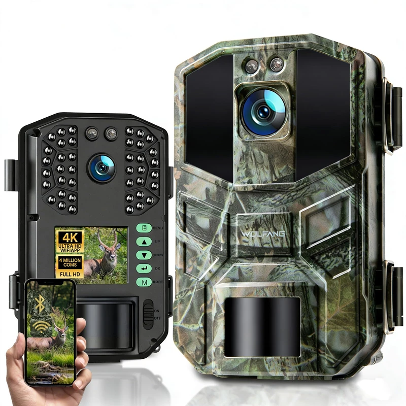 WOLFANG Wildlife Camera, 64MP 4K Trail Camera with Night Vision Motion Activated, WiFi Bluetooth, IP66 Waterproof, 0.1s Trigger Time, 36pcs 940nm IR LEDs