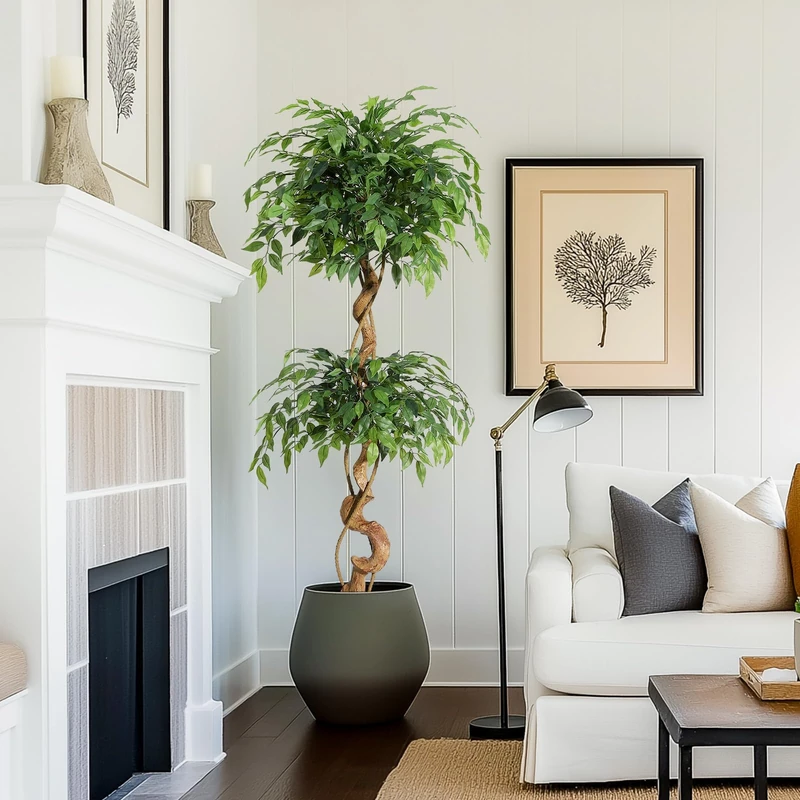 GarveeHome Artificial Ficus Tree with Curved Trunk, 150 cm Artificial Silk Plant with White Pot, Artificial Plants for Decoration of Interiors, Offices and Living Rooms - Image 1