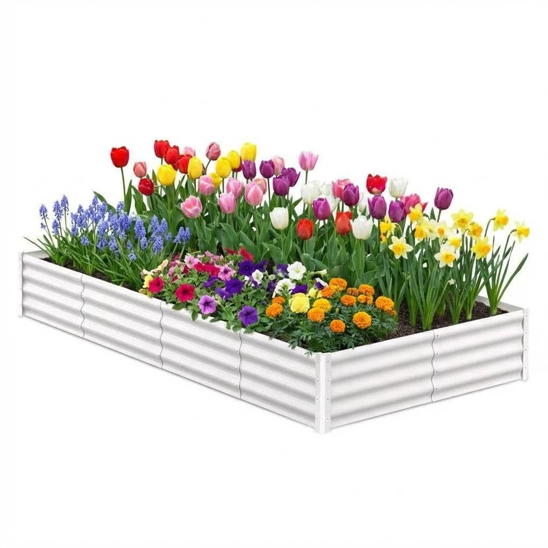 Galvanised Steel Raised Bed 244 x 122 x 30 cm - Rectangular Metal Raised Bed with Safety Edge & Gloves - Plant Bed for Garden, Vegetables, Herbs & Flowers - White - Image 1