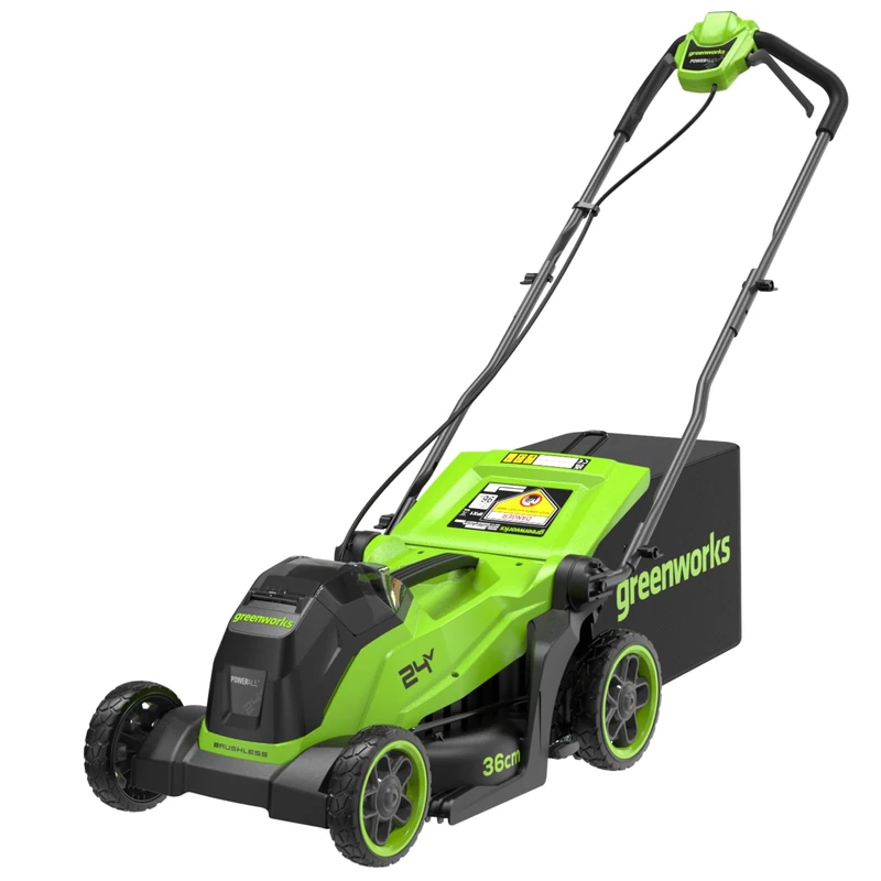 Greenworks 24V Lithium‑Ion Cordless Lawnmower, 36cm Cutting Width, up to 400m², 40L Grass Bag, 6-position central height adjustment 20–80mm, Battery & Charger Not Included – LM3612