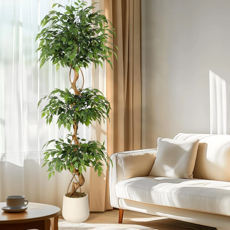 GarveeHome Artificial Ficus Tree with Curved Trunk, 180 cm Artificial Silk Plant with White Pot, Artificial Plants for Decoration of Interiors, Offices and Living Rooms - Image 1