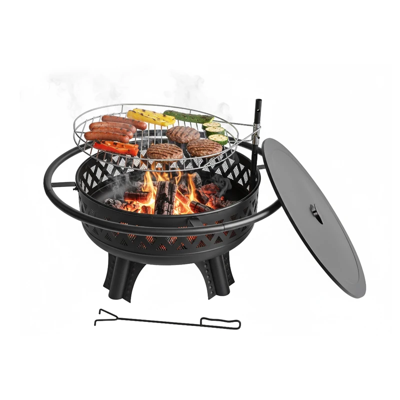 Relaxdays Fire Bowl with adjustable grill, lid, fire poker, 80.5cm diameter, black, garden fire pit