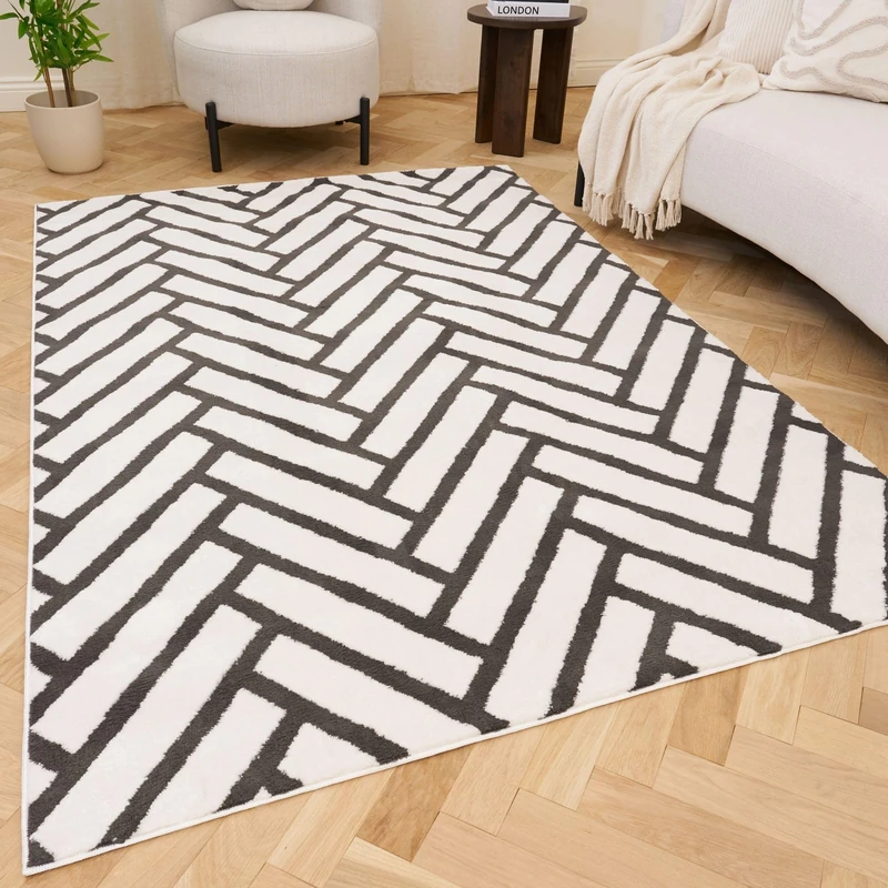 THE RUGS Living Room Rug, Loft Collection – Modern Textured 14mm Soft Pile Area Carpet, Non-Shedding & Easy Care [ Chevron Dark Grey, 200x290 cm]