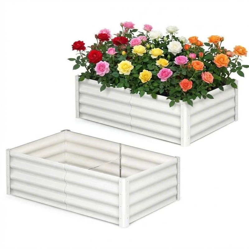 Galvanised Steel Raised Bed Set of 2, 183 x 91 x 30 cm, Rectangular Metal Raised Bed with Safety Edge and Gloves, Plant Bed for Garden, Vegetables, Herbs & Flowers, Cream White