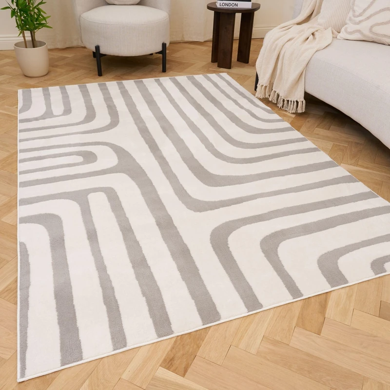 THE RUGS Living Room Rug, Loft Collection – Modern Textured 14mm Soft Pile Area Carpet, Non-Shedding & Easy Care [ Geometric Grey, 200x290 cm]