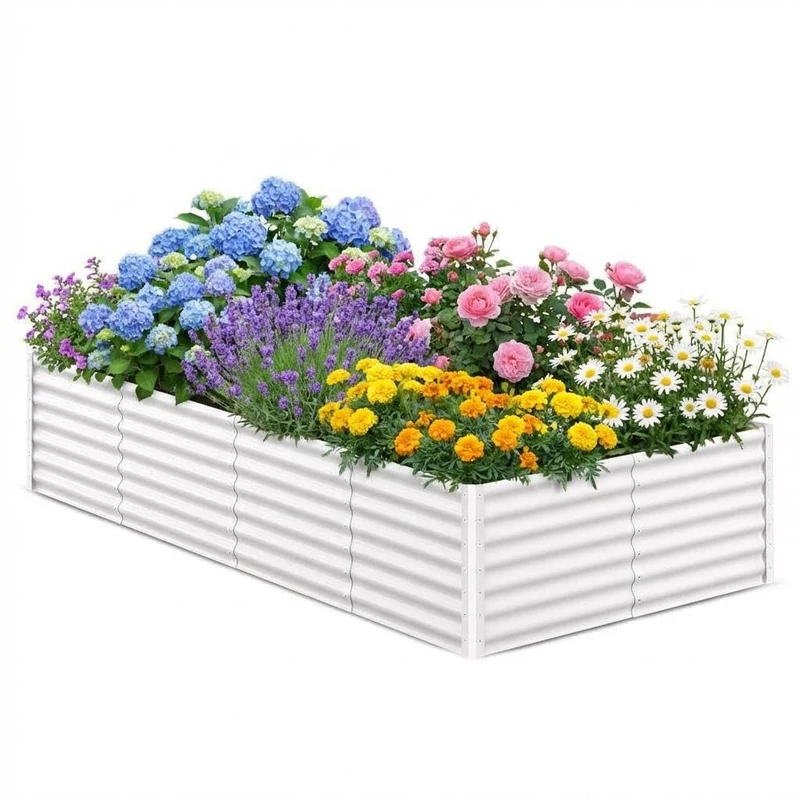 Galvanised Steel Raised Bed 244 x 122 x 61 cm - Rectangular Metal Raised Bed with Safety Edge & Gloves - Plant Bed for Garden, Vegetables, Herbs & Flowers - White
