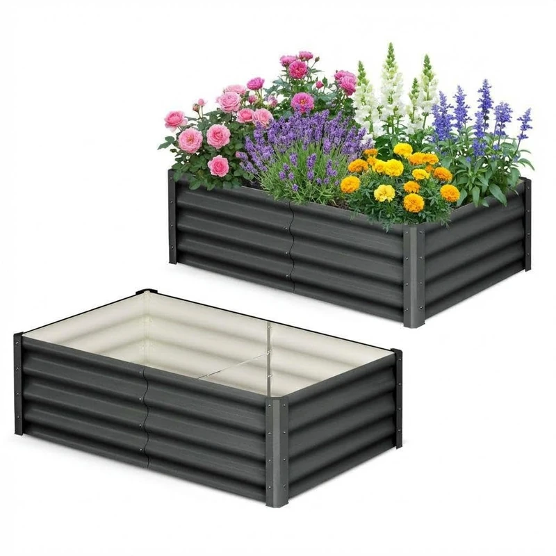 Galvanised Steel Raised Bed Set of 2, 183 x 91 x 30 cm, Rectangular Metal Raised Bed with Safety Edge and Gloves, Plant Bed for Garden, Vegetables, Herbs & Flowers, Dark Grey - Image 1