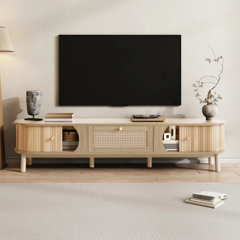 Ball & Cast TV Cabinet – TV stand with solid natural wood doors and rattan drawers. Natural storage solutions for a rustic atmosphere