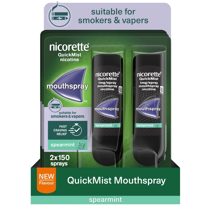 Nicorette QuickMist Mouthspray, New Spearmint Flavour (6x150 Sprays), Quit Smoking or Quit Vaping aid, Starts to Reduce Cravings in 30 Seconds, New mild Mint Flavour (Quit Smoking or Quit Vaping aid)
