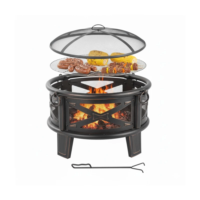 Relaxdays Fire Bowl with Grill Grate, Spark Guard & Poker, Ø 66 cm, Black/Bronze, 58 x 66 x 66 cm