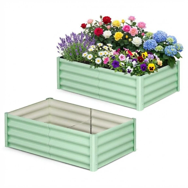 Galvanised Steel Raised Bed Set of 2, 183 x 91 x 30 cm, Rectangular Metal Raised Bed with Safety Edge and Gloves, Plant Bed for Garden, Vegetables, Herbs & Flowers, Olive Green