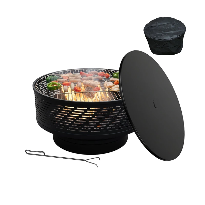 Relaxdays Fire Pit with Grill Grate, Lid, Poker & Waterproof Cover, 66 cm Diameter, Black