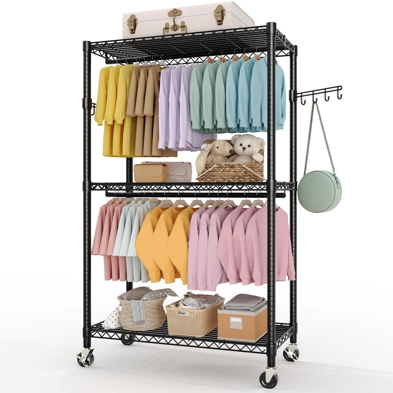 GarveeLife Heavy Duty 3 Tier Rolling Clothes Rail with Wheels, Freestanding Wardrobe with Adjustable Shelves & 2 Hanging Rails, Clothing Rack Organiser for Bedroom, 115 x 40 x 202.3 cm