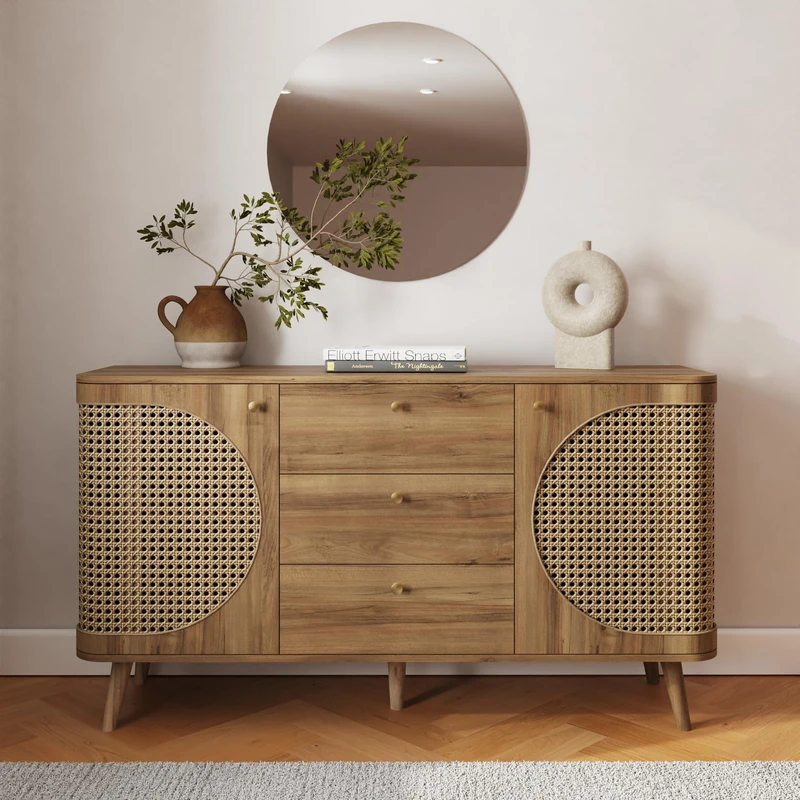 Sorrel Rattan Large Sideboard Cabinet Oak Storage Cabinet with Natural Rattan Doors, Internal Shelving & 3 Drawers, Modern Living Room or Dining Room Furniture