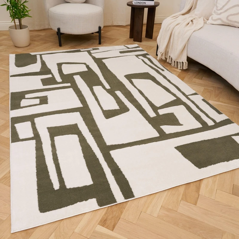 THE RUGS Living Room Rug, Loft Collection – Modern Textured 14mm Soft Pile Area Carpet, Non-Shedding & Easy Care [ Abstract Green, 120x170 cm]