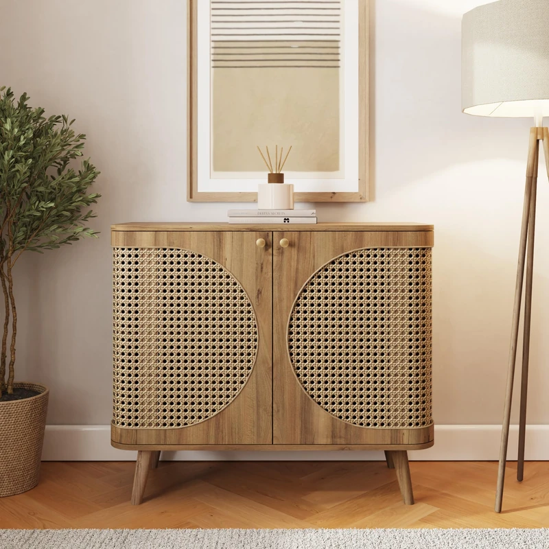 Sorrel Rattan Compact Sideboard with Two-Door Design, Oak Frame, Internal Shelving, and Brass-Effect Handle for Hallways, Bedrooms, or Dining Areas