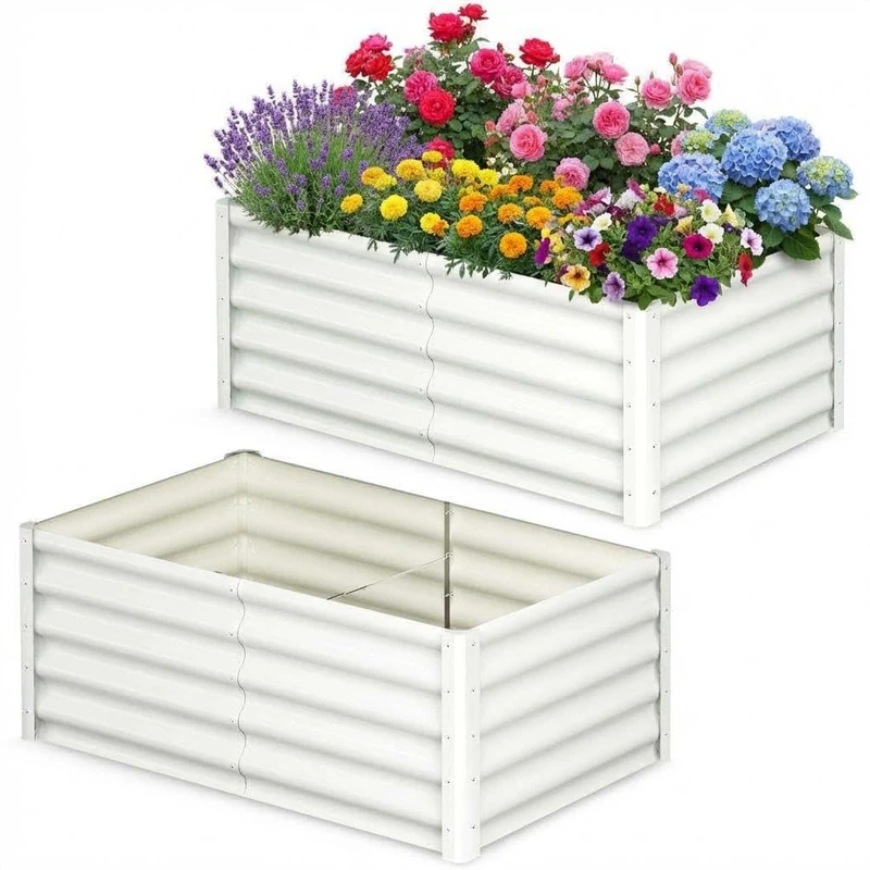 Galvanised Steel Raised Bed Set of 2, 183 x 91 x 46 cm, Rectangular Metal Raised Bed with Safety Edge and Gloves, Plant Bed for Garden, Vegetables, Herbs & Flowers, White - Image 1