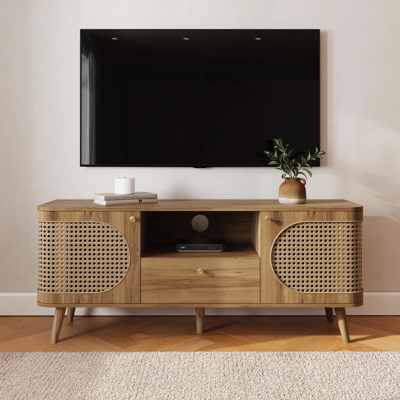 Sorrel Rattan TV Unit Contemporary Oak TV Stand with Natural Rattan Doors, Wooden Media Console Cabinet for Living Room Storage