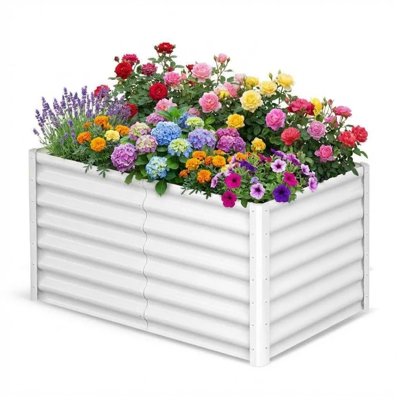 Galvanised Steel Raised Bed 183 x 91 x 61 cm - Rectangular Metal Raised Bed with Safety Edge & Gloves - Plant Bed for Garden, Vegetables, Herbs & Flowers - White