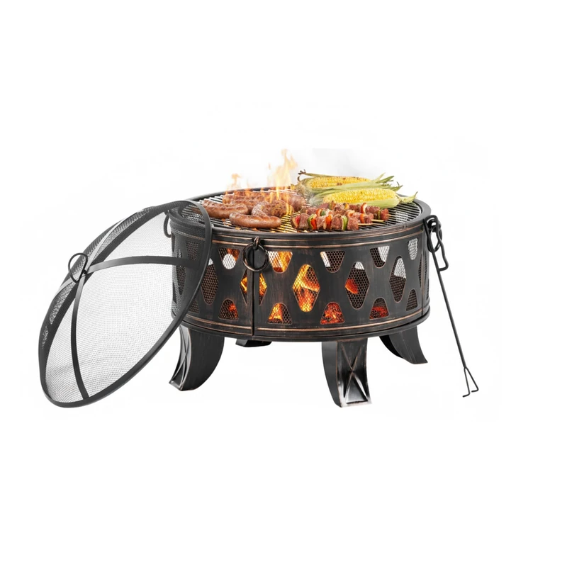 Relaxdays Fire Bowl with Grill Rack and Spark Guard, Ø 66 cm, Black/Bronze, 58 x 66 x 66 cm