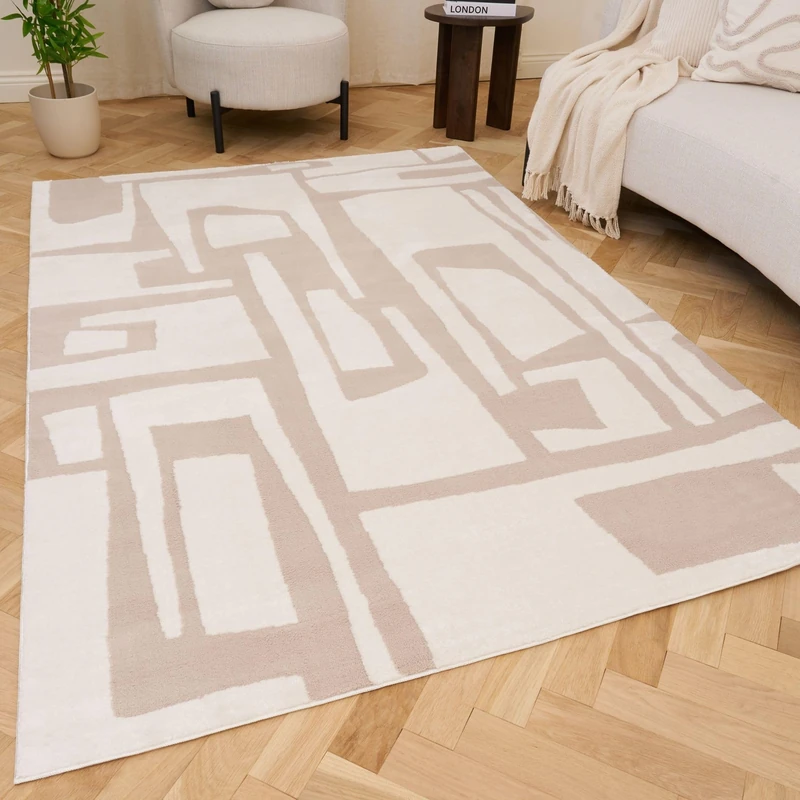 THE RUGS Living Room Rug, Loft Collection – Modern Textured 14mm Soft Pile Area Carpet, Non-Shedding & Easy Care [ Abstract Beige, 200x290 cm]