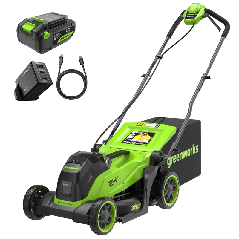 Greenworks 24V Lithium‑Ion Cordless Lawnmower, 36cm Cutting Width, up to 400m², 40L Grass Bag, 6-position central height adjustment 20–80mm, includes 1 x 4Ah Battery & Charger – LM3612