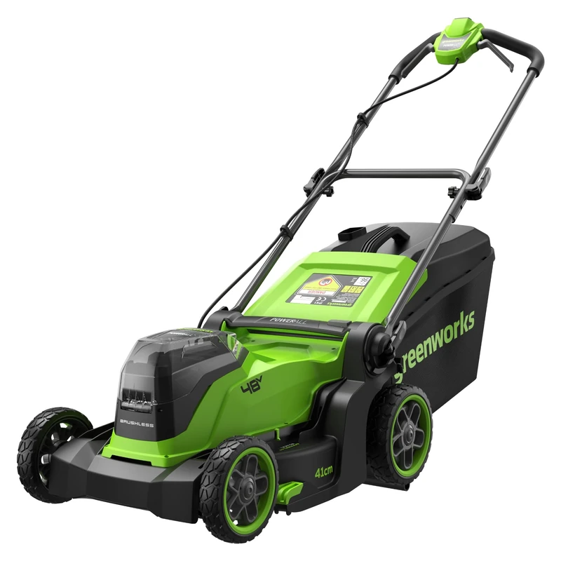 Greenworks 48V (24V x 2) Lithium‑Ion Cordless Lawnmower, 41cm Cutting Width, up to 440m², 40L Grass Bag, 6-position central height adjustment 30–80mm, Battery & Charger Not Included – LM4102