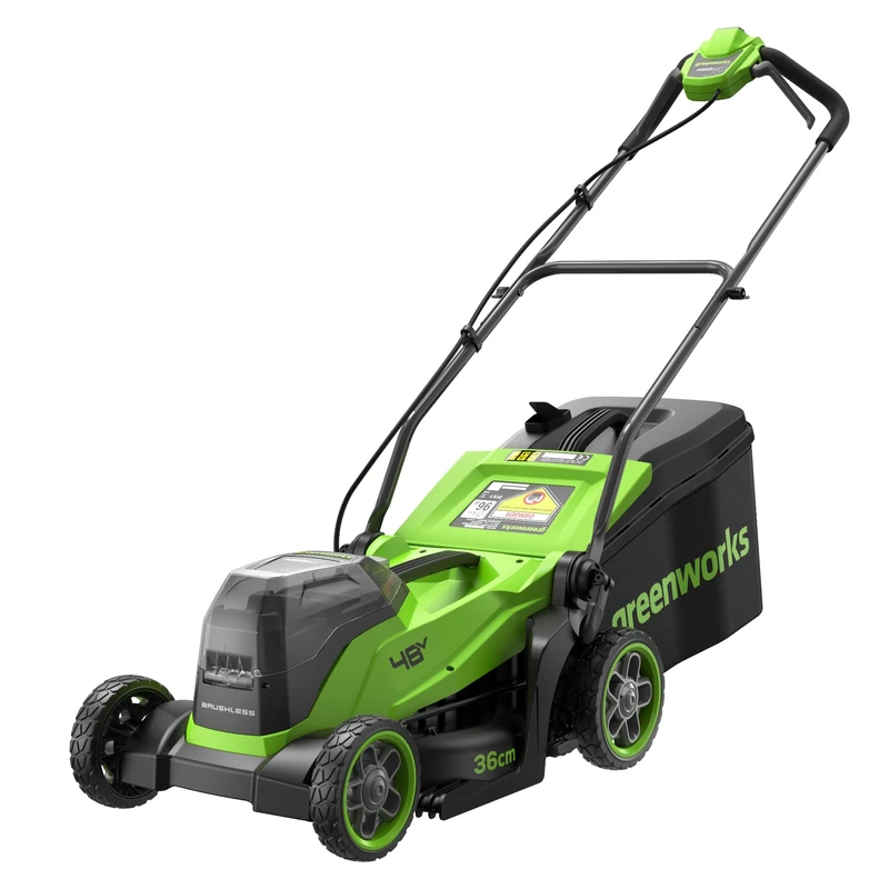 Greenworks 48V (24V x 2) Lithium‑Ion Cordless Lawnmower, 36cm Cutting Width, up to 400m², 40L Grass Bag, 5-position central height adjustment 30–80mm, Battery & Charger Not Included – LM3602