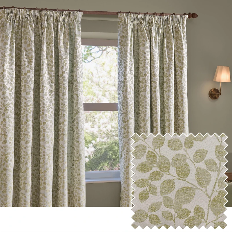 furn. Wylder Grace Leaf Pencil Pleat Curtain Pair – Matt Satin Jacquard Room Darkening Curtains (Sage – Width 117 x Drop 183cm)
