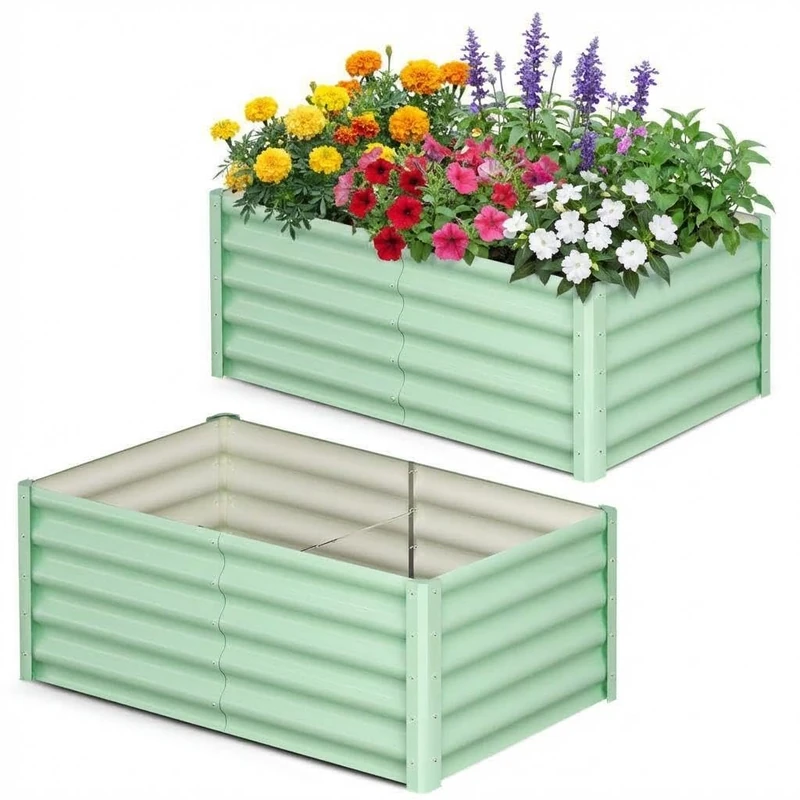 Galvanised Steel Raised Bed Set of 2, 183 x 91 x 46 cm, Rectangular Metal Raised Bed with Safety Edge and Gloves, Plant Bed for Garden, Vegetables, Herbs & Flowers, Green