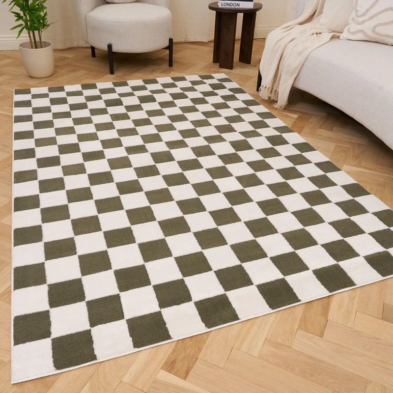 THE RUGS Living Room Rug, Loft Collection – Modern Textured 14mm Soft Pile Area Carpet, Non-Shedding & Easy Care [ Checkerboard Green, 160x230 cm]