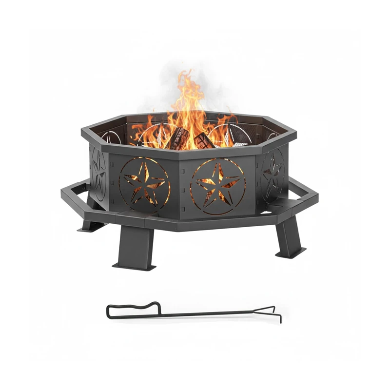 Relaxdays Steel Fire Bowl with Fire Poker, Octagonal, Star Pattern, 36x82 cm, Black