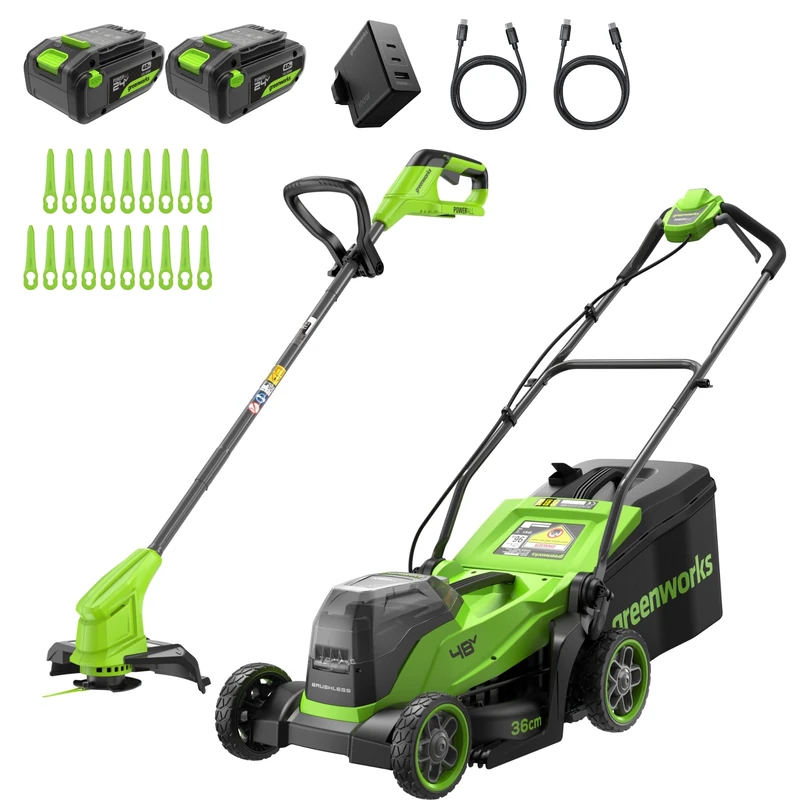 Greenworks 48V (24V x 2) Lithium‑Ion Cordless Lawnmower, 36cm Cutting Width, up to 400m², plus Cordless Grass Trimmer with Automatic Feed Head, includes 1 x 4Ah Battery & Charger – MTCK48B421-01