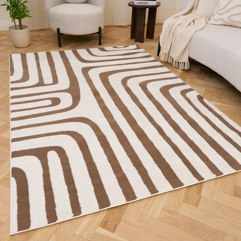 THE RUGS Living Room Rug, Loft Collection – Modern Textured 14mm Soft Pile Area Carpet, Non-Shedding & Easy Care [ Geometric Brown, 160x230 cm]
