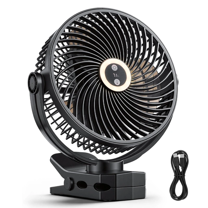 VEVOR Portable Clip on Fan with LED Light, 2 Levels, 37Wh Battery, 4 Fixed Speeds and 1 Circulation Mode, Touch Control, USB-C Clip Fan for Travel Camping Desk Office