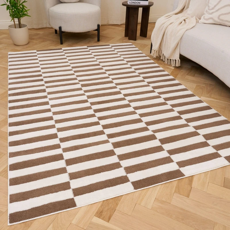 THE RUGS Living Room Rug, Loft Collection – Modern Textured 14mm Soft Pile Area Carpet, Non-Shedding & Easy Care [ Block Stripe Brown, 200x290 cm]