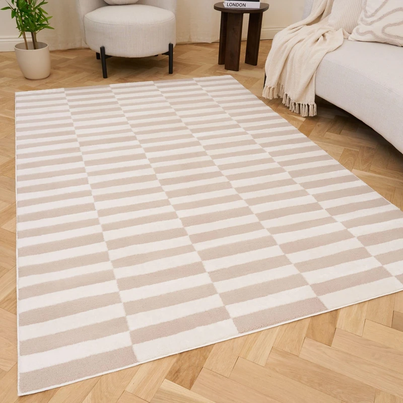 THE RUGS Living Room Rug, Loft Collection – Modern Textured 14mm Soft Pile Area Carpet, Non-Shedding & Easy Care [ Block Stripe Beige, 200x290 cm]