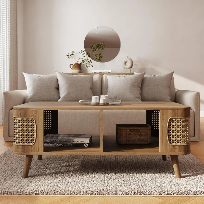 Sorrel Rattan Coffee Table Contemporary Oak Coffee Table with Natural Rattan Detail, Modern Wooden Living Room Furniture