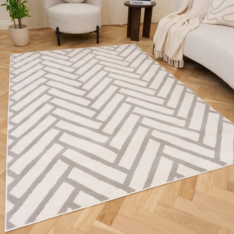 THE RUGS Living Room Rug, Loft Collection – Modern Textured 14mm Soft Pile Area Carpet, Non-Shedding & Easy Care [ Chevron Grey, 160x230 cm]