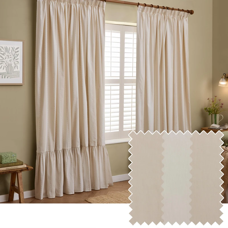 furn. Wylder Birdie Stripe Pencil Pleat Curtain Pair – Ruffled Cotton Striped Room Darkening Curtains (Oat/Milk – Width 229 x Drop 229cm)