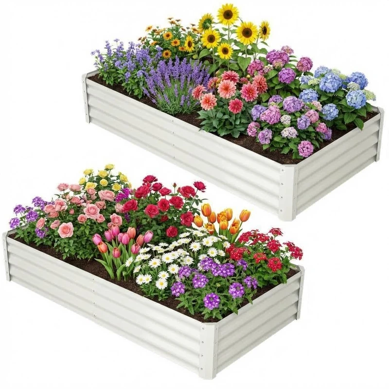 Galvanised Steel Raised Bed Set of 2, 183 x 91 x 30 cm, Rectangular Metal Raised Bed with Safety Edge and Gloves, Plant Bed for Garden, Vegetables, Herbs & Flowers, White - Image 1