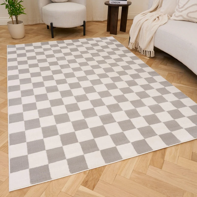 THE RUGS Living Room Rug, Loft Collection – Modern Textured 14mm Soft Pile Area Carpet, Non-Shedding & Easy Care [ Checkerboard Grey, 240x340 cm]