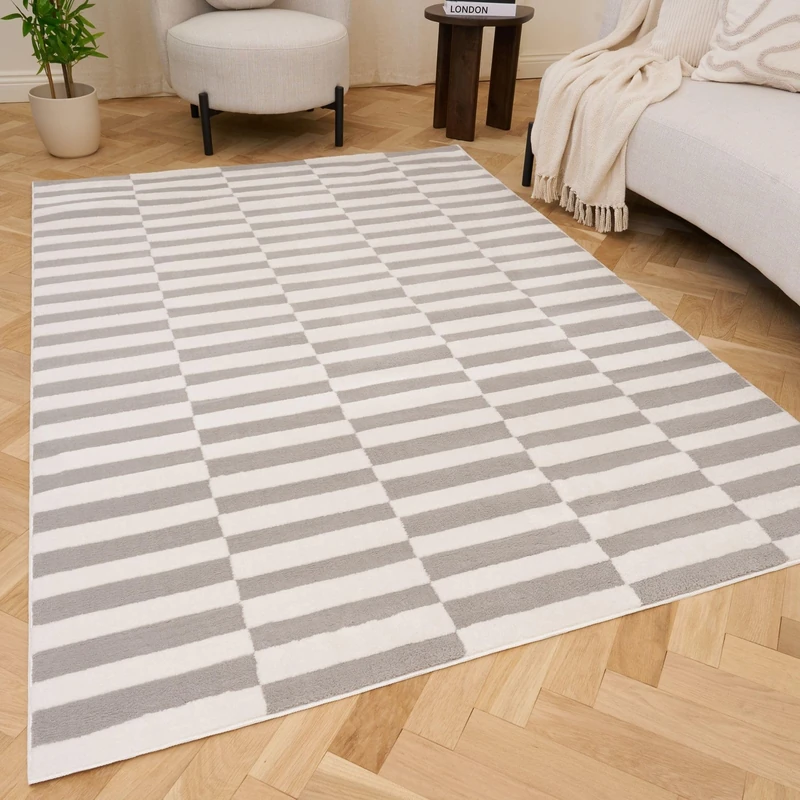 THE RUGS Living Room Rug, Loft Collection – Modern Textured 14mm Soft Pile Area Carpet, Non-Shedding & Easy Care [ Block Stripe Grey, 160x230 cm]
