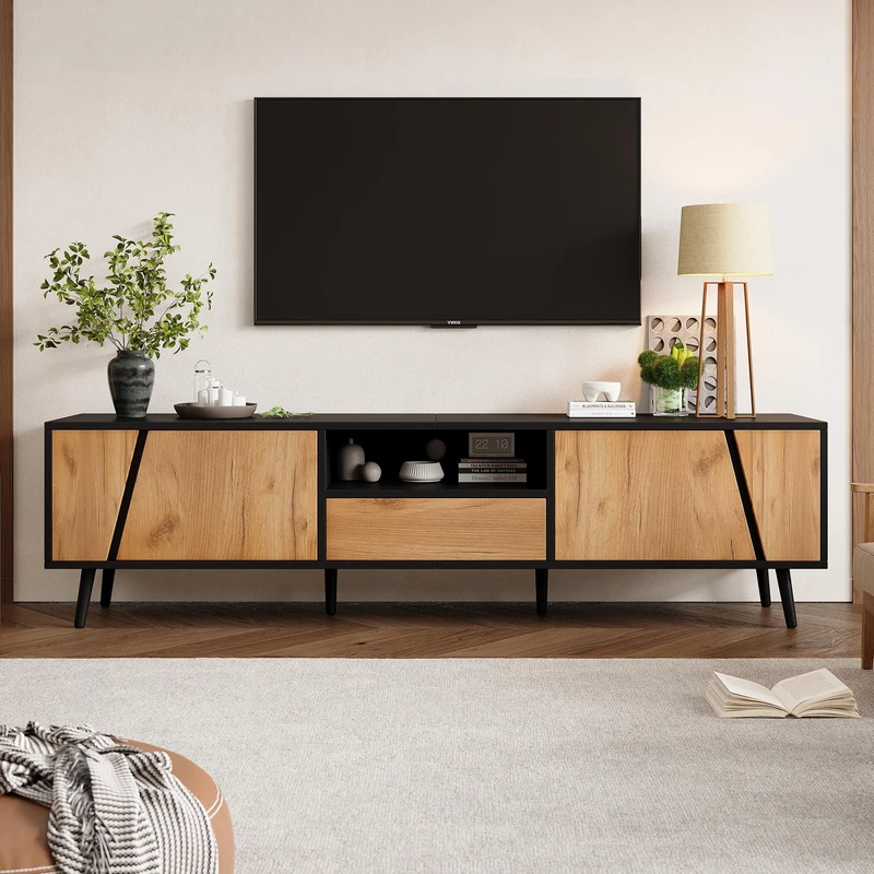 Ball & Cast TV Stand Cabient with 1 Drawer 2 Door, TV Cabinet Storage Sideboard, TV Entertainment center for livingroom bedroom, TV Console, TV unit, 180 * 40 * 46cm, Wood+Black, for 75 inch TV
