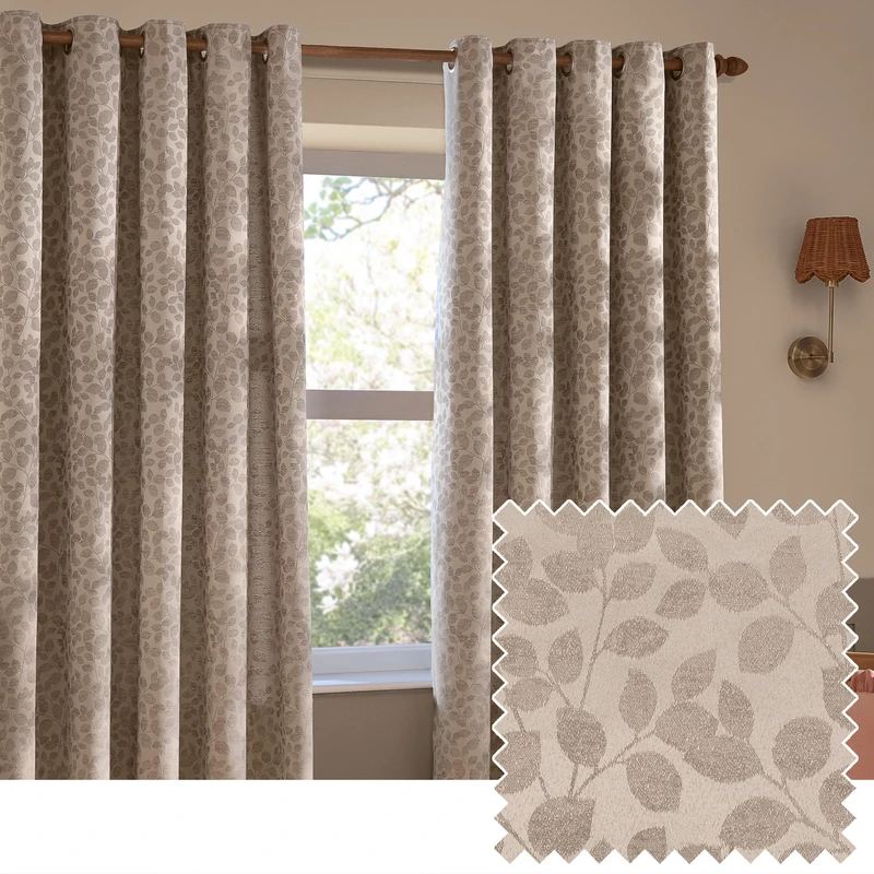 furn. Wylder Grace Leaf Eyelet Curtain Pair – Matt Satin Jacquard Room Darkening Curtains (Taupe – Width 117 x Drop 183cm)