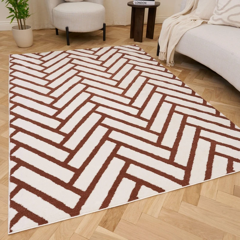 THE RUGS Living Room Rug, Loft Collection – Modern Textured 14mm Soft Pile Area Carpet, Non-Shedding & Easy Care [ Chevron Terra, 120x170 cm]